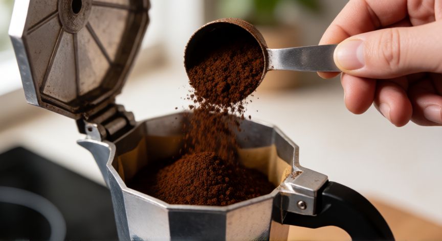 como hacer cafe en cafetera italiana, Molienda de café para cafetera italiana en el filtro