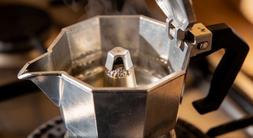 como hacer cafe en cafetera italiana sin que se queme, Cafetera italiana en la hornalla a punto de empezar a extraer el café