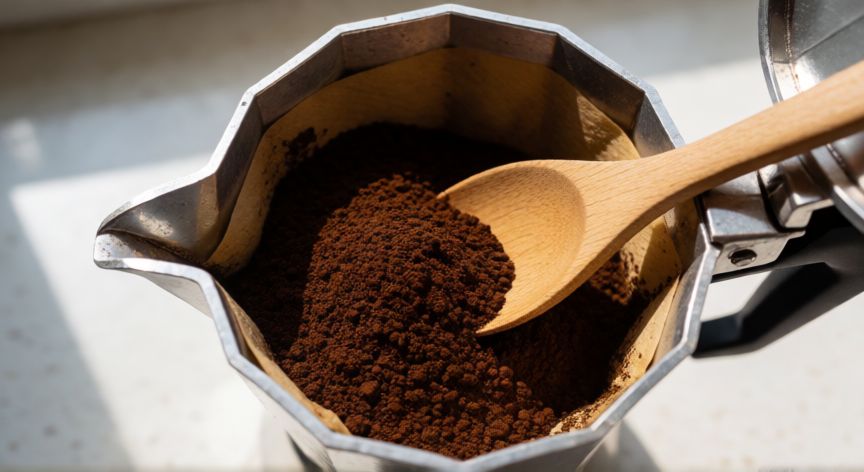 como hacer cafe en cafetera italiana sin que se queme, Molienda de café para moka siendo colocada en la canasta sin presionar