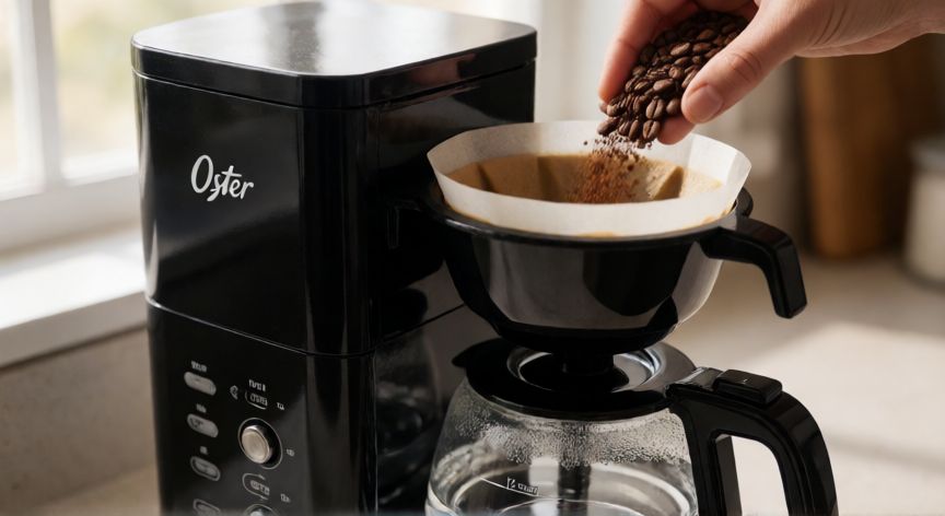 como hacer cafe en cafetera oster 12 tazas, Cafetera Oster de 12 tazas con agua y café molido en el filtro