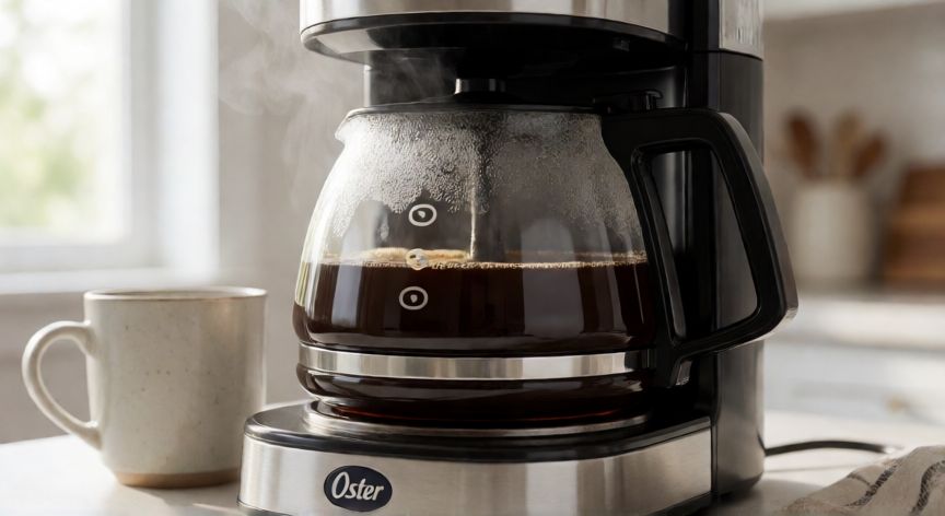 como hacer cafe en cafetera oster 12 tazas, Jarra de la cafetera Oster con café recién preparado y vapor