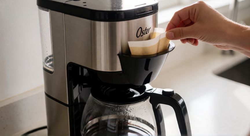 como hacer cafe en cafetera oster 4 tazas, Cafetera Oster de 4 tazas en uso colocando el filtro