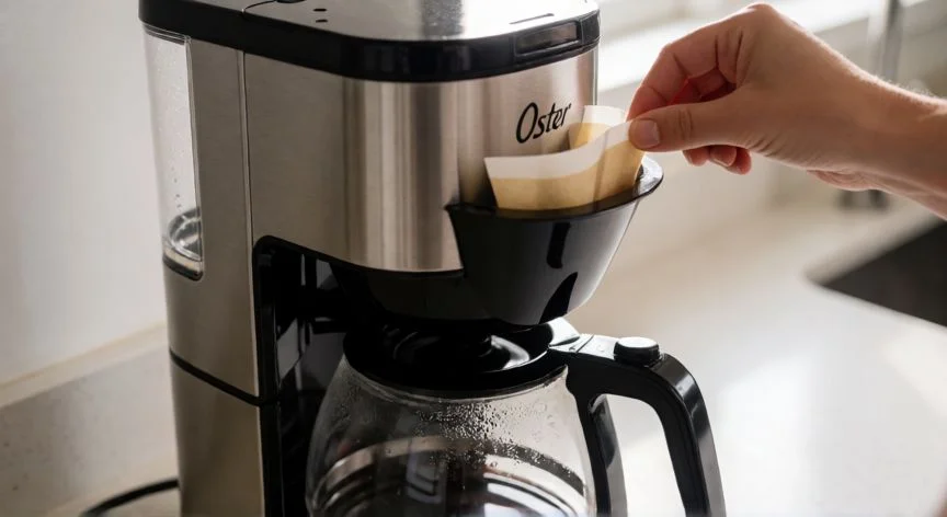 Cafetera Oster de 4 tazas en uso colocando el filtro