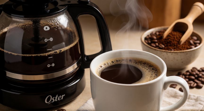 como hacer cafe en cafetera oster 4 tazas, Taza de café recién hecho junto a la jarra de la cafetera