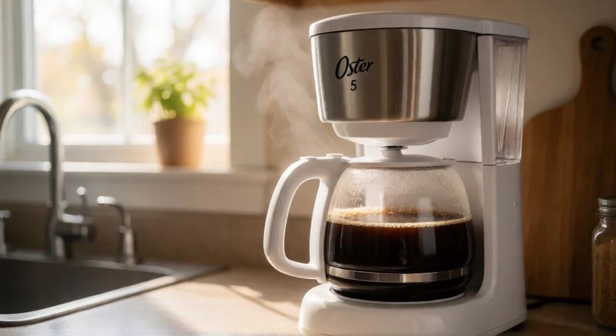 Cafetera Oster de 5 tazas con café recién preparado y vapor suave