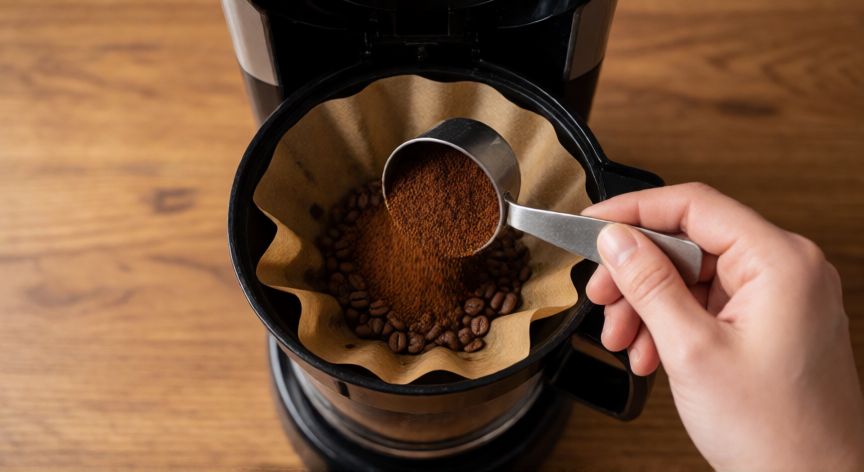como hacer cafe en cafetera oster 5 tazas, Viendo café molido en el filtro de una cafetera Oster desde arriba