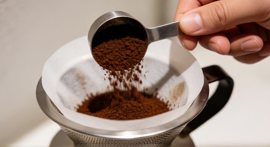 como hacer cafe en cafetera taurus verona 12, Detalle de café molido medio siendo vertido en un filtro para cafetera