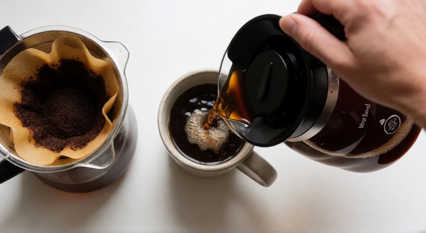como hacer cafe en cafetera west bend, Serviendo café recién hecho de una cafetera West Bend en una taza de cerámica