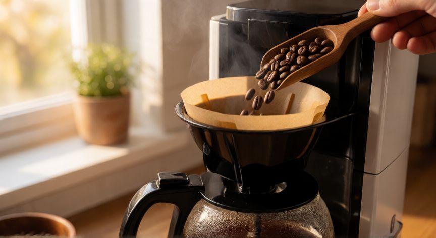 como hacer cafe en cafetera westinghouse, Cafetera Westinghouse con café recién molido y luz de mañana en la cocina