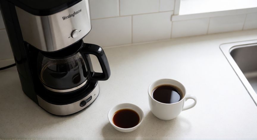 como hacer cafe en cafetera westinghouse, Cafetera Westinghouse en una cocina limpia con herramientas de mantenimiento como vinagre para descalcificar