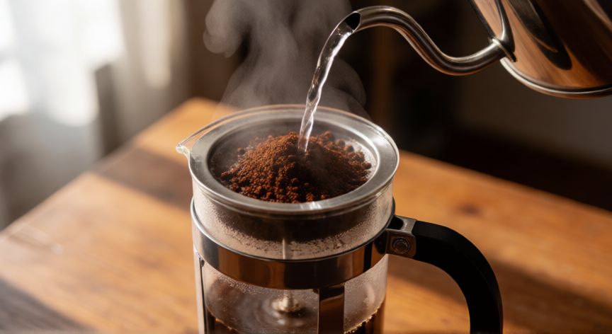 como hacer cafe en cafetera wurden, Preparación de café en cafetera de émbolo con agua caliente y molienda gruesa