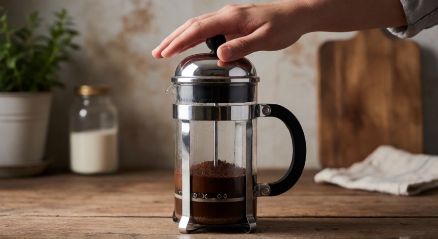 como hacer cafe en cafetera wurden, Prensando el émbolo de la cafetera francesa para filtrar el café