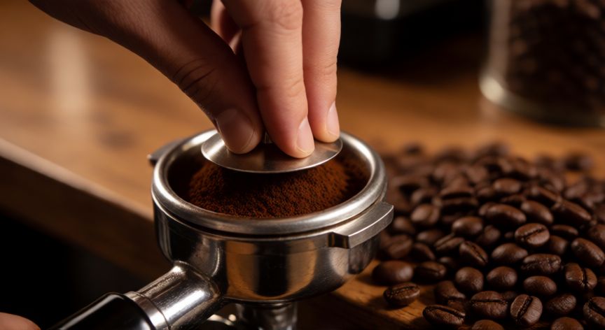 como hacer cafe en cecotec power espresso 20, Mano apisonando café molido en un portafiltro de acero inoxidable con luz cálida