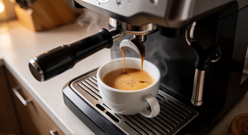 como hacer cafe en cecotec power espresso 20, Espresso con crema dorada cayendo en una taza blanca de cerámica desde la máquina
