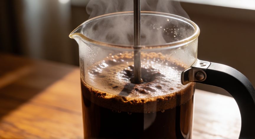 como hacer cafe en jarra, Jarra de café con agua caliente y posos en proceso de extracción