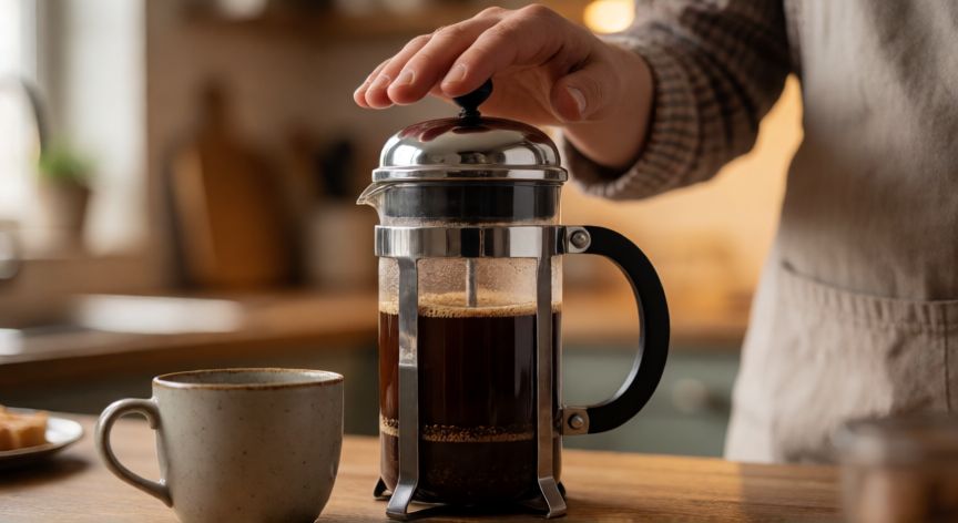 como hacer cafe en jarra, Manos presionando el émbolo de una jarra de café lista para servir