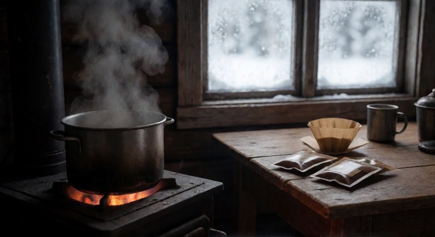 Preparación de café con olla y granules en interior invernal