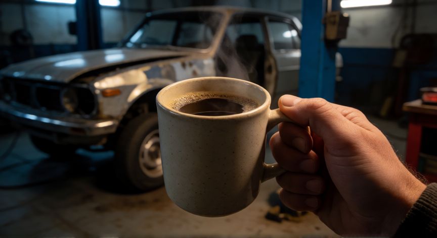 como hacer cafe en my winter car, Toma de café caliente en un garaje reparando un coche