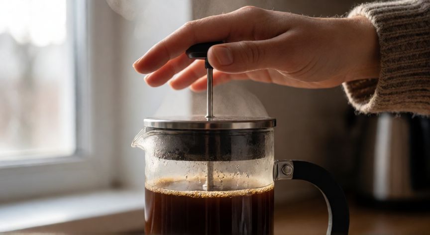como hacer cafe en prensa francesa, Prensando el émbolo de la prensa francesa con café recién preparado