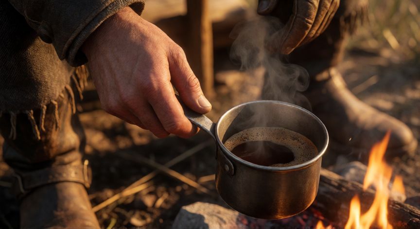 como hacer cafe en red dead redemption 2, Manos de un cowboy preparando café en una olla metálica junto a una fogata en RDR2