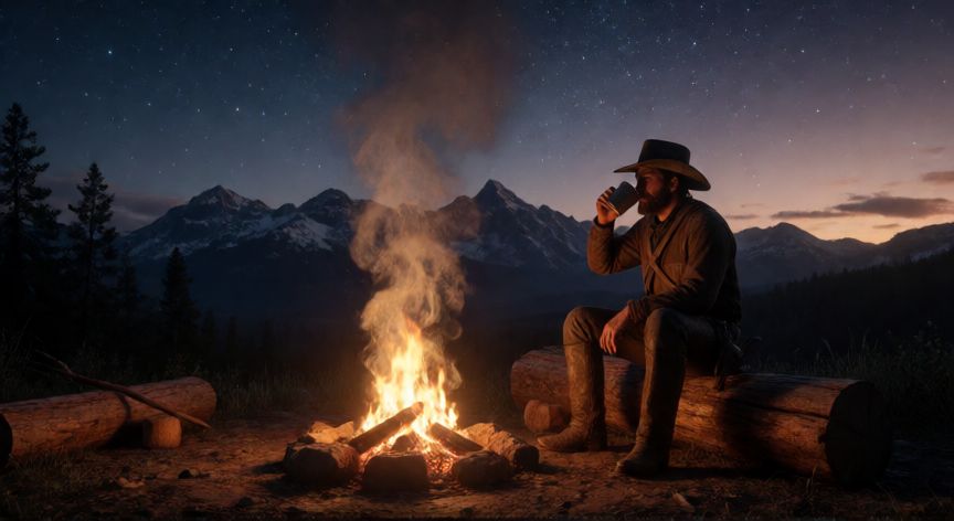 como hacer cafe en red dead redemption 2, Cowboy bebiendo café junto a una fogata al atardecer en un paisaje montañoso de RDR2