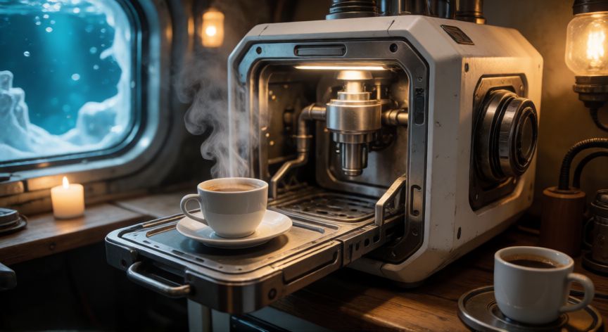Máquina de fabricación futurista en una base submarina preparando café con ventanas al hielo exterior