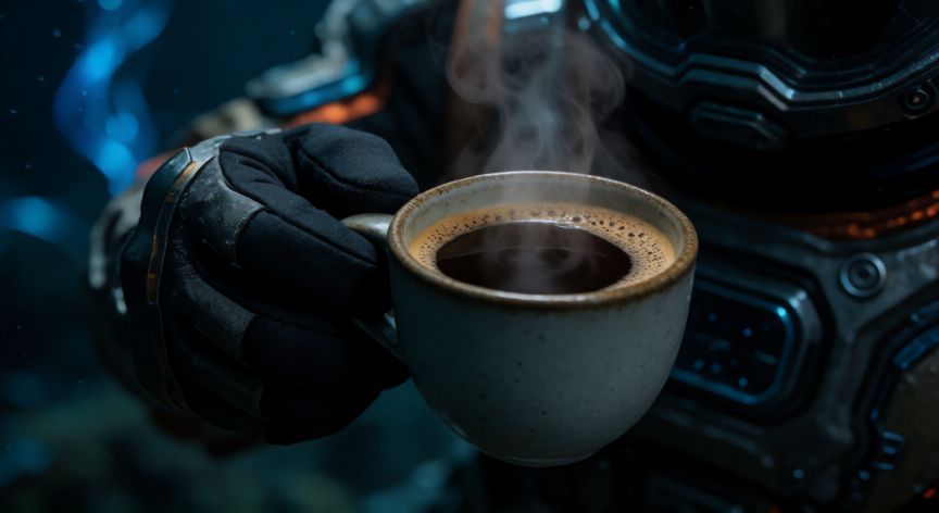 como hacer cafe en subnautica below zero, Mano con guante térmico sosteniendo una taza de café humeante en un entorno submarino frío
