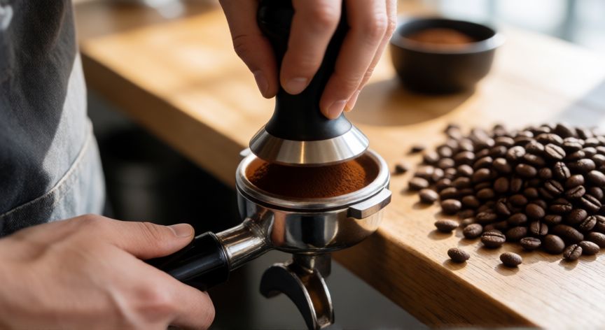 como hacer cafe expreso, Barista compactando café molido en el portafiltro de la máquina