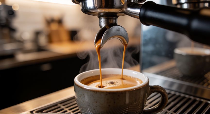 como hacer cafe expreso, Café espresso cayendo en una taza con perfecta capa de crema
