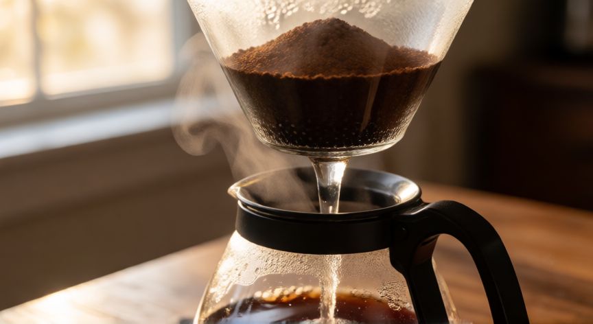como hacer cafe filtrado en casa, Cafetera de filtro de vidrio con café recién preparado en una mesa de madera