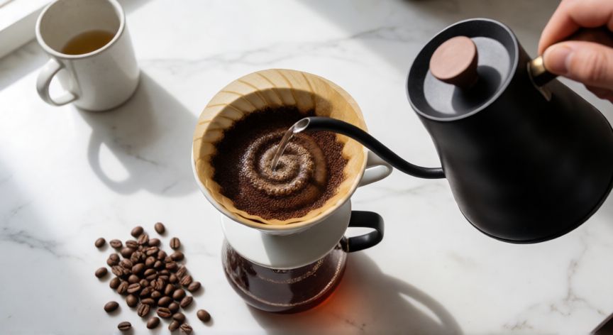 como hacer cafe filtrado en casa, Preparación de café filtrado en método V60 con pava de cuello ganso y filtro cónico