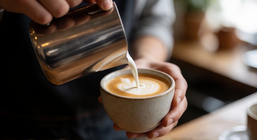 como hacer cafe flat white, Bartizano vertiendo leche texturizada para preparar un café flat white