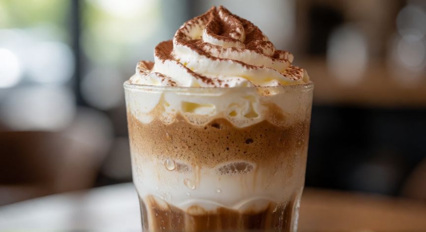 como hacer cafe frappe en casa, Vaso de café frappe con capas visibles y nata montada