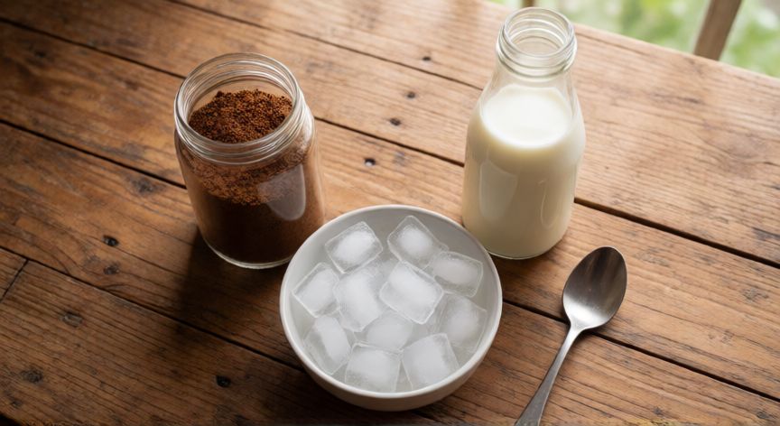 como hacer cafe frappe en casa, Ingredientes para preparar café frappe sobre mesa de madera