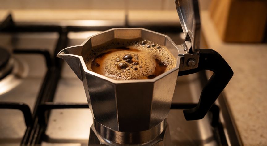 como hacer cafe fresquito, Cafetera italiana en la cocina con el café comenzando a subir y formar espuma