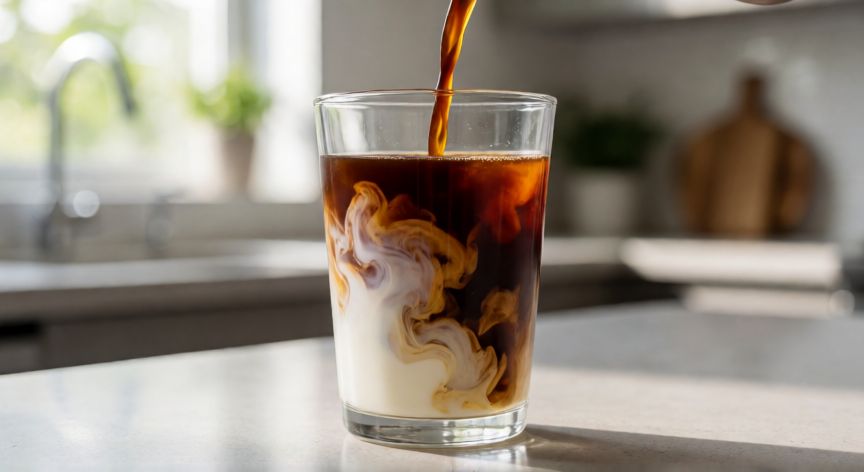 como hacer cafe frio como starbucks, Vertiendo concentrado de café frío sobre leche en un vaso transparente