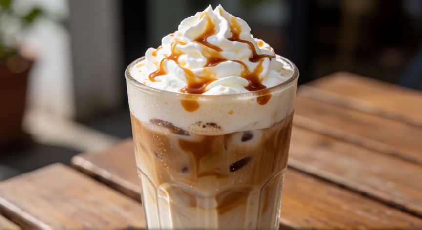 como hacer cafe frio como starbucks, Vaso alto con café frío estilo Starbucks, crema batida y sirope de caramelo