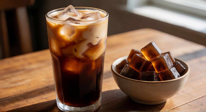 como hacer cafe frio con cafe instantaneo, Vaso de café frío servido con cubitos de hielo y café