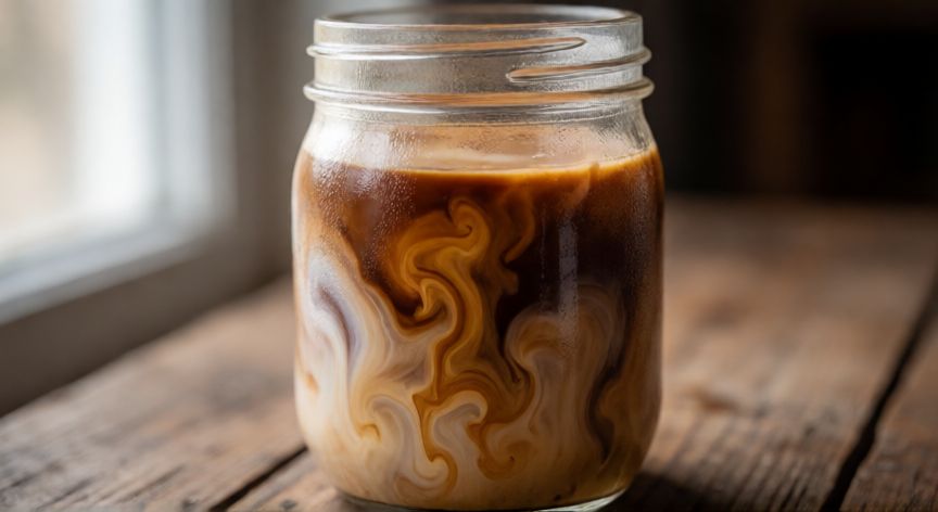 como hacer cafe frio cremoso, Vaso de café frío cremoso con capas de leche y espresso sobre mesa de madera