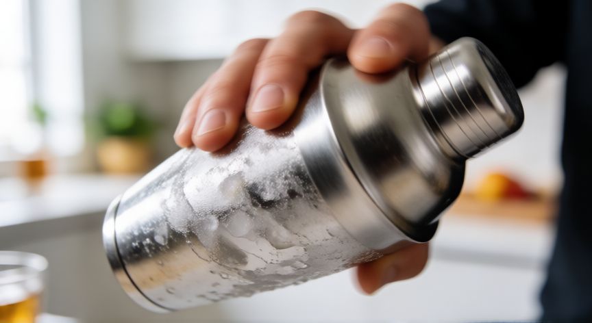 como hacer cafe frio cremoso, Manos agitando un shaker metálico para preparar café frío cremoso en la cocina