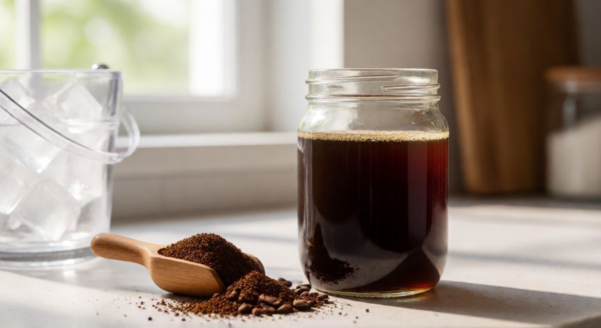 como hacer cafe frio en casa, Bote de cristal con café frío cold brew y café molido grueso en la cocina