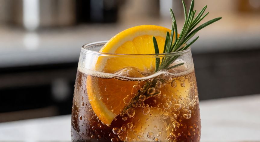 como hacer cafe frio en casa, Vaso alto con espresso tonic y rodaja de naranja como bebida fría
