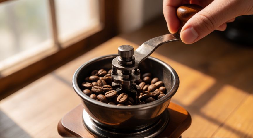 como hacer cafe gourmet, Molinillo de café manual con granos frescos y ajuste de molienda
