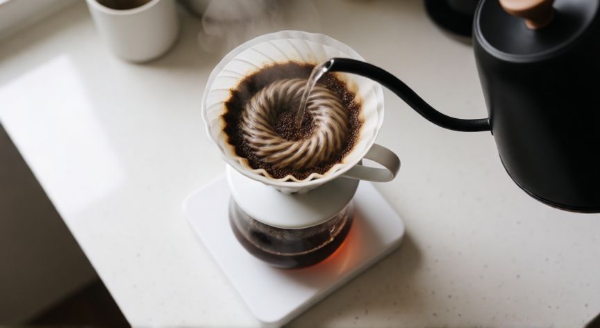 como hacer cafe gourmet, Proceso de preparación de café en método V60 con paila de cuello ganso