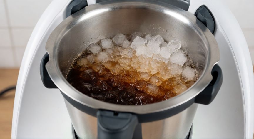 como hacer cafe granizado en la thermomix, Vaso de Thermomix con hielo y café para hacer granizado