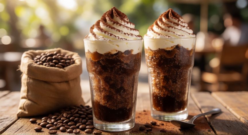 como hacer cafe granizado en la thermomix, Vasos de café granizado decorados con crema y cacao