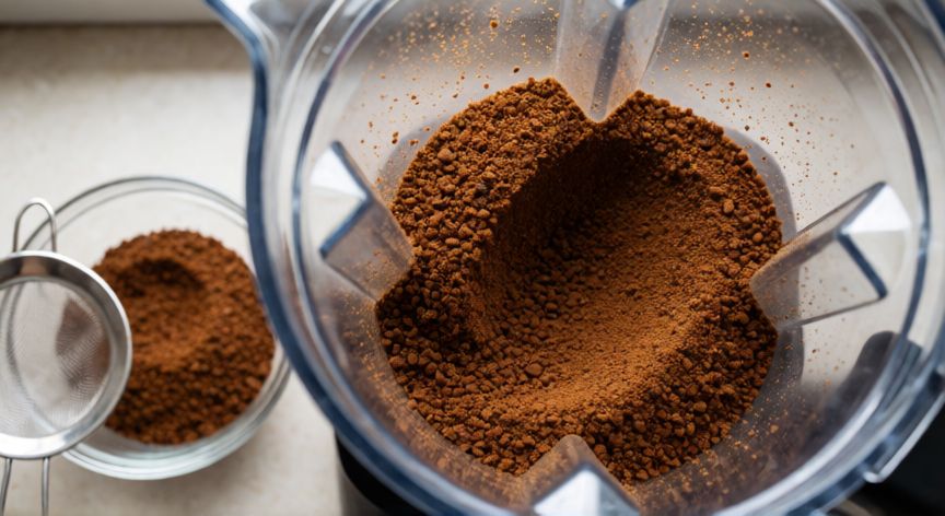 como hacer cafe granulado, Café granulado casero recién molido en una licuadora y un colador