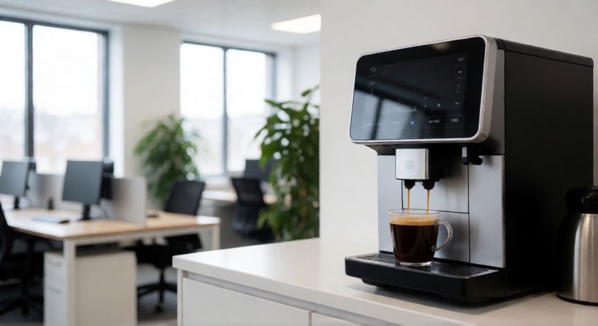 como hacer café gratis de una máquina, Máquina de café automática en una oficina moderna sirviendo un espresso