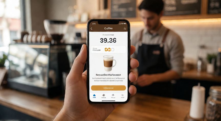 como hacer café gratis de una máquina, Smartphone mostrando una app de fidelidad con un café gratuito desbloqueado en una cafetería