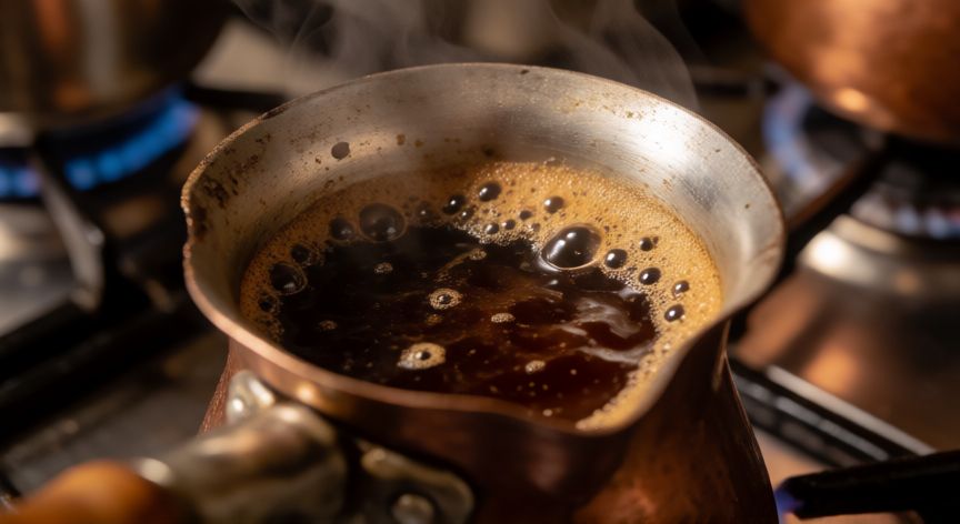 como hacer cafe griego, Olla de café griego hirviendo suavemente con espuma dorada formando-se
